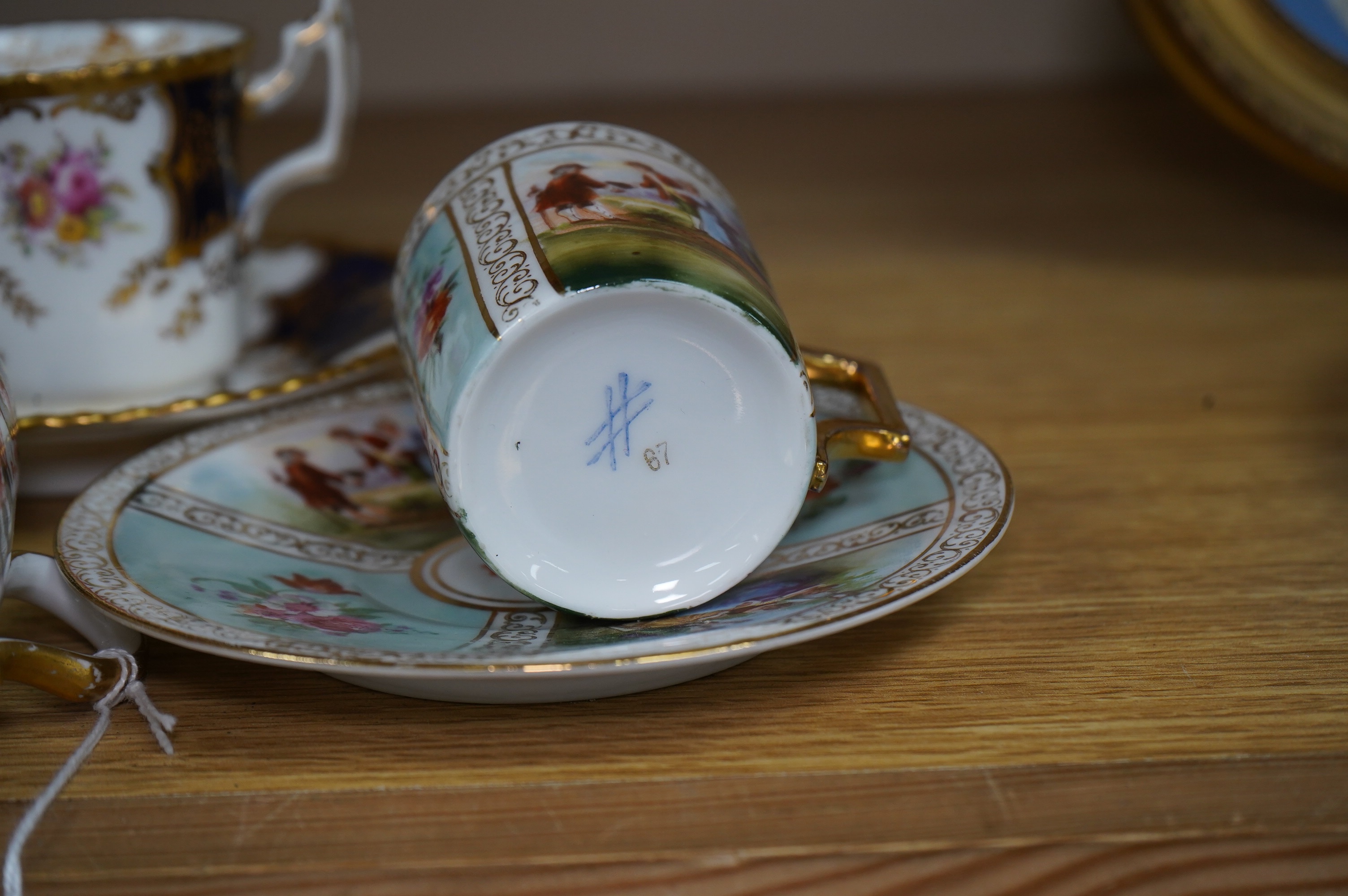 Porcelain and cloisonné ware to include a box and cover, a modern cloisonne dish, Royal crown Derby tygs and two cups and saucers, largest 10cm high. Condition - fair to good